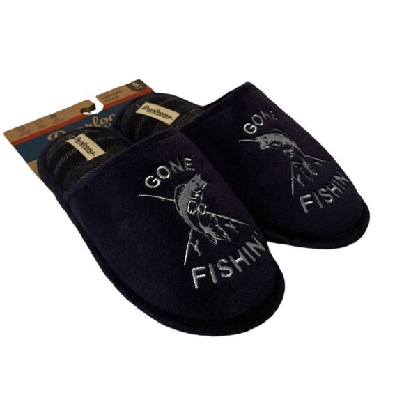 Dearfoams Mens Cozy Comfort Memory Foam Gone Fishin Slippers Size S 7/8 Blue - Picture 1 of 16